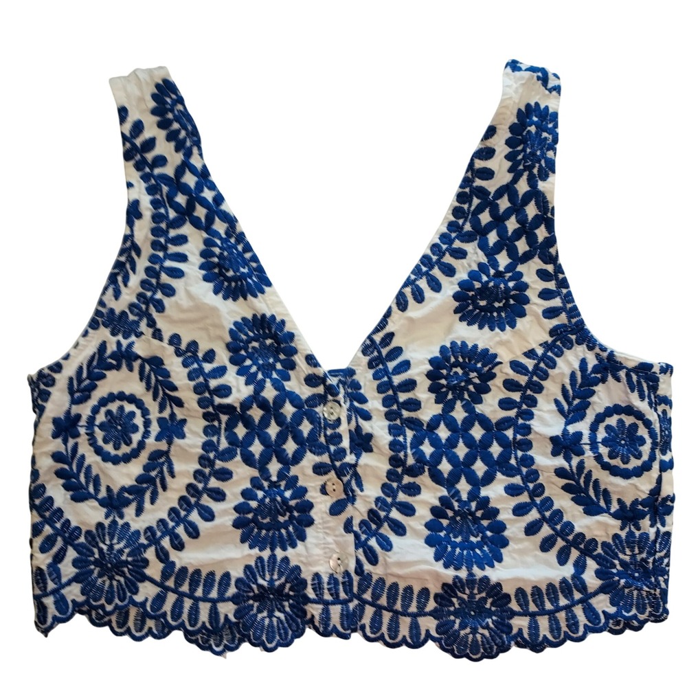 Blue White Floral Embroidered Scalloped Crop Top V-Neck Button M Coastal Folk